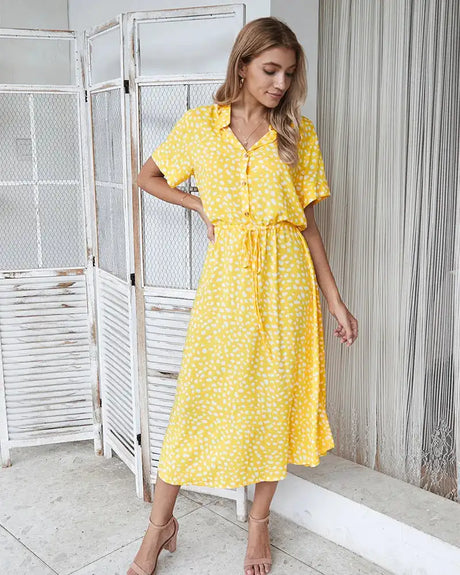 Vintage Floral Print Dress Women Boho Short Sleeve Long Dress Turn Down Collar Casual Waistband Shirt Dresses Robe 2021 Summer - Lootquake