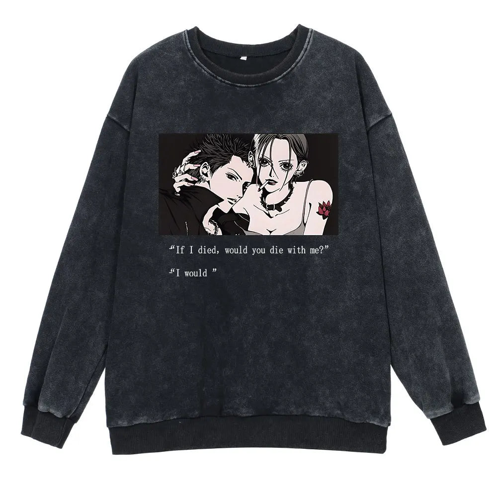 Anime Nana Osaki Round Neck Washed Pullover Casual 100% Cotton Men Women Hip Hop Harajuku Streetwear Vintage Sweatshirt - Lootquake