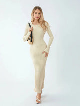 Women Spring Autumn Lace-up Knit Dress Elegant Long Sleeve Crew Neck Ribbed Solid Color Long Dress Streetwear - Lootquake
