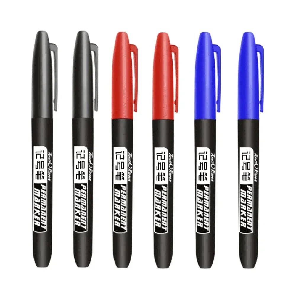 6PCs/Set Permanent Marker Pen Fine Point Waterproof Markers Thin Nib Crude Nib Black Blue Red Ink 1.5mm Fine Color Marker Pens