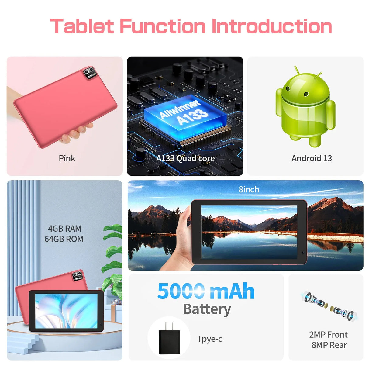 Tablette PRITOM 8 pouces Android 13, 8 Go (4+4 extensibles) RAM 64 Go ROM, 1 To extensible, écran IPS 1280x800, batterie 5000 mAh, double caméra, Wi-Fi