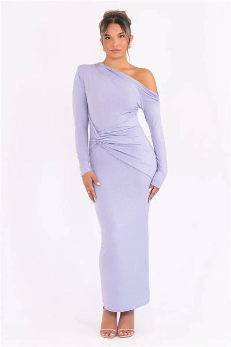 Mozision Sparkle Long Sleeve Sexy Maxi Dress For Women Inclined Shoulder Backless Bodycon Ruched Club Party Sexy Long Dress - Lootquake