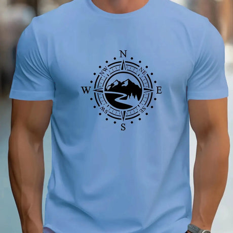 Summer Men's 100% Cotton Casual Loose Large Compass Pattern Printed Sports Comfortable Round Neck Short Sleeve T-shirt Top - Lootquake