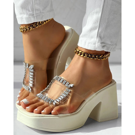 Sandals Women Clear Strap Chunky Heeled Sandals Women Platform Wedges High Heels Shoes Flip Flops Beach Slippers Dress Crystal - Lootquake