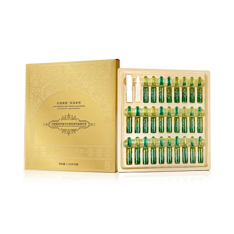 Kit de salón de belleza líquido con 28 ampollas reafirmantes antiarrugas de colágeno de seis péptidos, esencia antiedad y líneas ligeras.