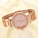 6PCS Set Rose Gold Luxury Watch Women Ring Necklace Earring Rhinestone Fashion Wristwatch Casual Ladies Bracelet Watches - Lootquake