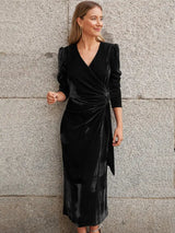 Elegant Solid Velvet Long Dress Women V-neck Wrap Long Sleeve High Waist Ruched Lace-up Birthday Dress Evening Sexy Party Vestid - Lootquake