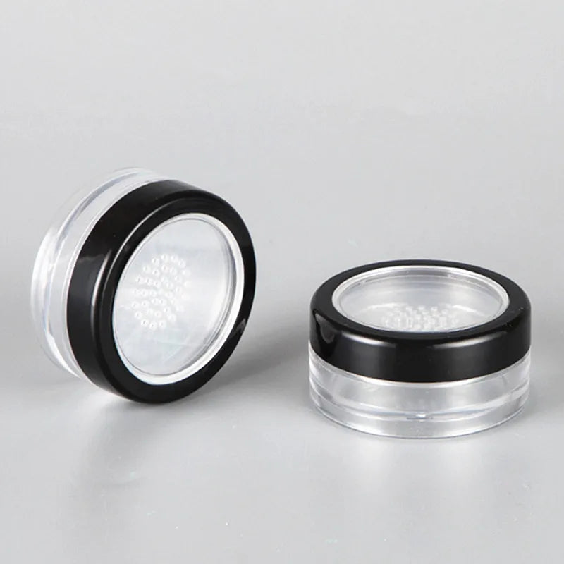 Lote de 10 unidades de 10 g de polvos sueltos compactos con tapa transparente negra, rejilla y tapa de PP, recipiente para polvos, caja vacía para polvos.