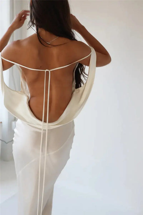 Fashion Women Satin Vintage Long Bodycon Dress Elegant Backless Spaghetti Strap Long Dress Y2K Sexy Low Cut Club Party Dress - Lootquake