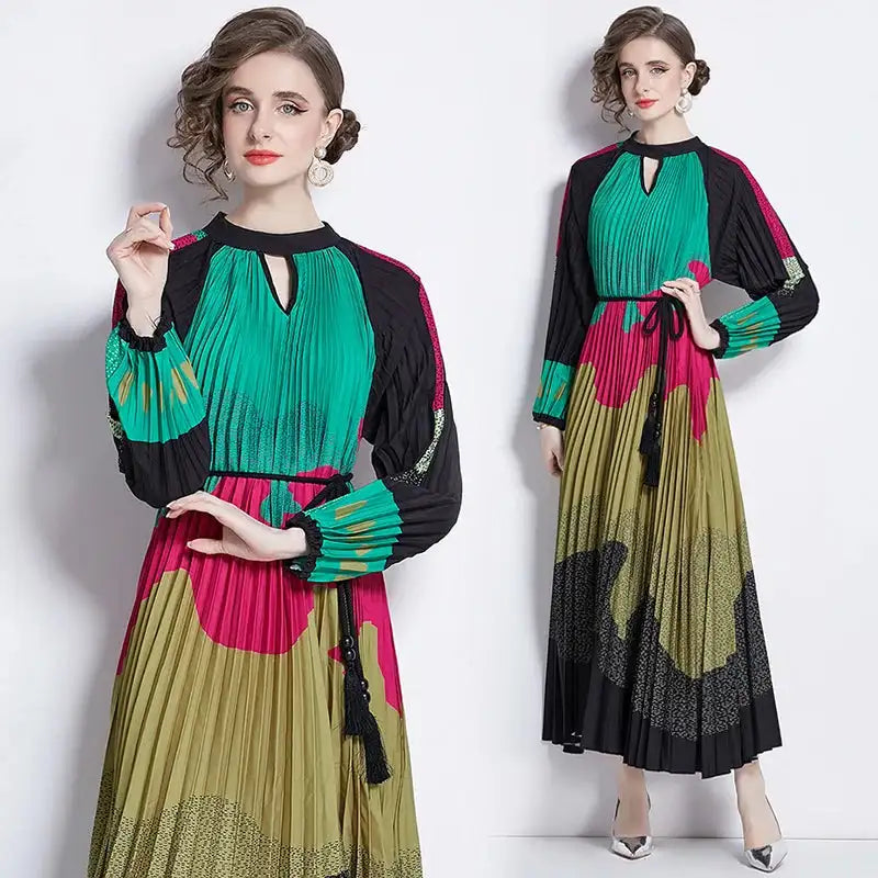 Spring Holiday Print Long Dress For Women Fashion Loose Lantern Sleeve Party Robe Female Big Swing Tassels Belt Pleated Clothes