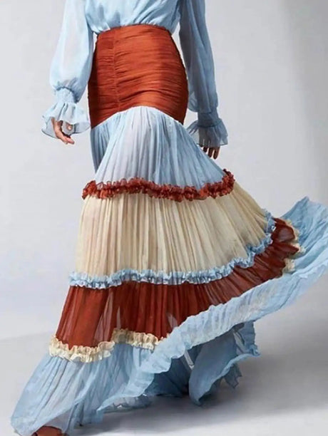 Elegant Ruffle Dress for Women Tiered A-Line Sweet Fashion Lantern Sleeve V-Neck Patchwork Layer Long Dress for Autumn 2024 - Lootquake