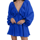 Deep V Neck Sexy Dress Temperament Retro Solid Color Pleated Dress Elegant Long Sleeve Large Size Casual Womens Dresses ropa