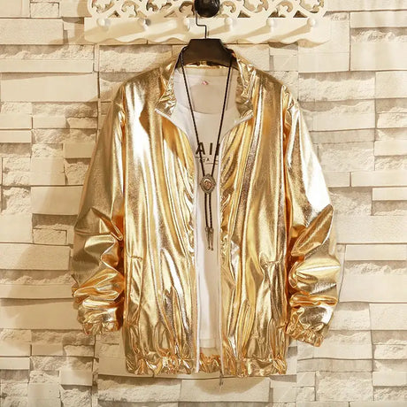 Mens Windbreaker Jackets Nightclub Stage Party Jackets Costume Streetwear Harajuku Hip Hop Reflective Jacket Gold Fashion Coats - Lootquake