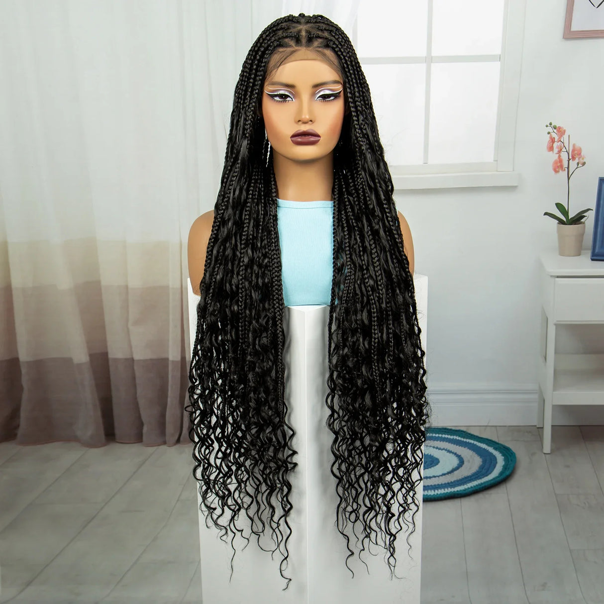 36" Blonde Boho Knotless Braids Wig | Curly Ends | HD Full Lace | Baby Hair