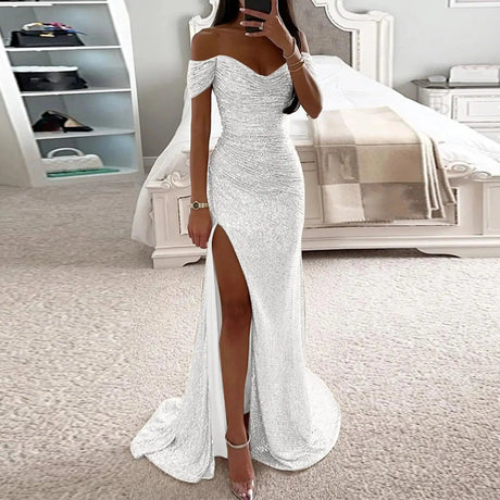 Sexy Sequin Evening Party Prom Long Dress Women Elegant V-Neck Gown Dress Off Shoulder Slim High Split Gown Female Vestidos - Lootquake