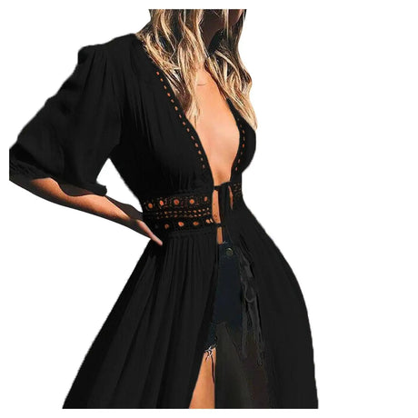 Summer Sexy Hollow Out Beach Tunic Pareo White V Neck Cover Up Long Dress Bikini Cover Up  Swimwear Bathing Suit Beachwear - Lootquake