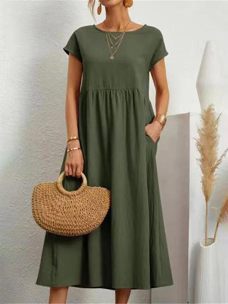 Women Elegant Solid Maxi Dress Summer Short Sleeve O Neck Vintage Harajuku Cotton Linen Loose Sundress Y2K Pockets Long Dress - Lootquake
