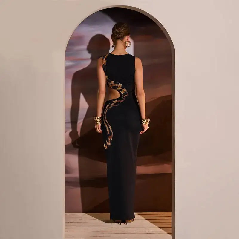 Tossy Python Printed Hollow Out Maxi Dress Female Slim Sexy Side Split Sleeveless Contrast Summer Party Dress Women's Long Dress