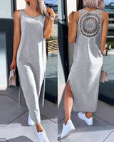 Hollow Out Solid Long Dress Women Fashion Sleeveless O-neck Maxi Dresses For Women 2024 Summer Women's Slim Split Vestidos Black - Lootquake