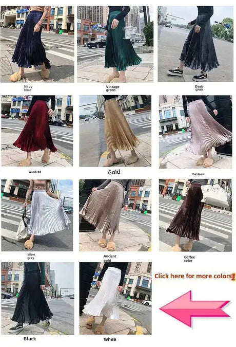 High-Waisted Vintage A- Line Accordion Skirt European Style Pleated Dress Metal Color Wide Hemline Long Dress For Women - Lootquake