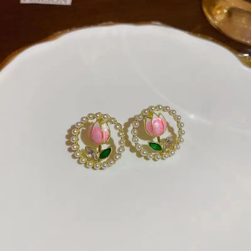Kiss Jewelry Cute Sweet Flower Round Shape Pearl Rhinestone Stud Earrings for Women Tulip Floral Korean Fashion Earring Gift - Lootquake