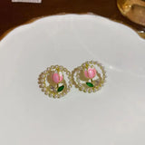 Kiss Jewelry Cute Sweet Flower Round Shape Pearl Rhinestone Stud Earrings for Women Tulip Floral Korean Fashion Earring Gift - Lootquake