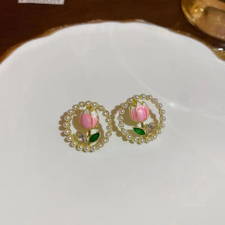 Kiss Jewelry Cute Sweet Flower Round Shape Pearl Rhinestone Stud Earrings for Women Tulip Floral Korean Fashion Earring Gift - Lootquake