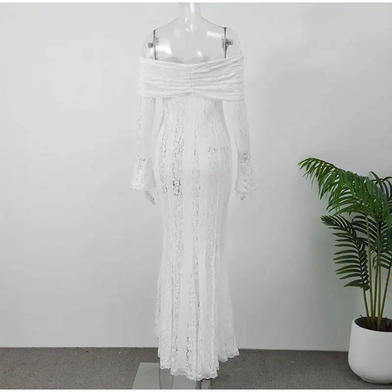 Lace Hollow Out One-shoulder Slim Long Dress For Women Solid Lace Up Waistless Dresses 2024 Chic Sexy Female Party Date Robes - Lootquake