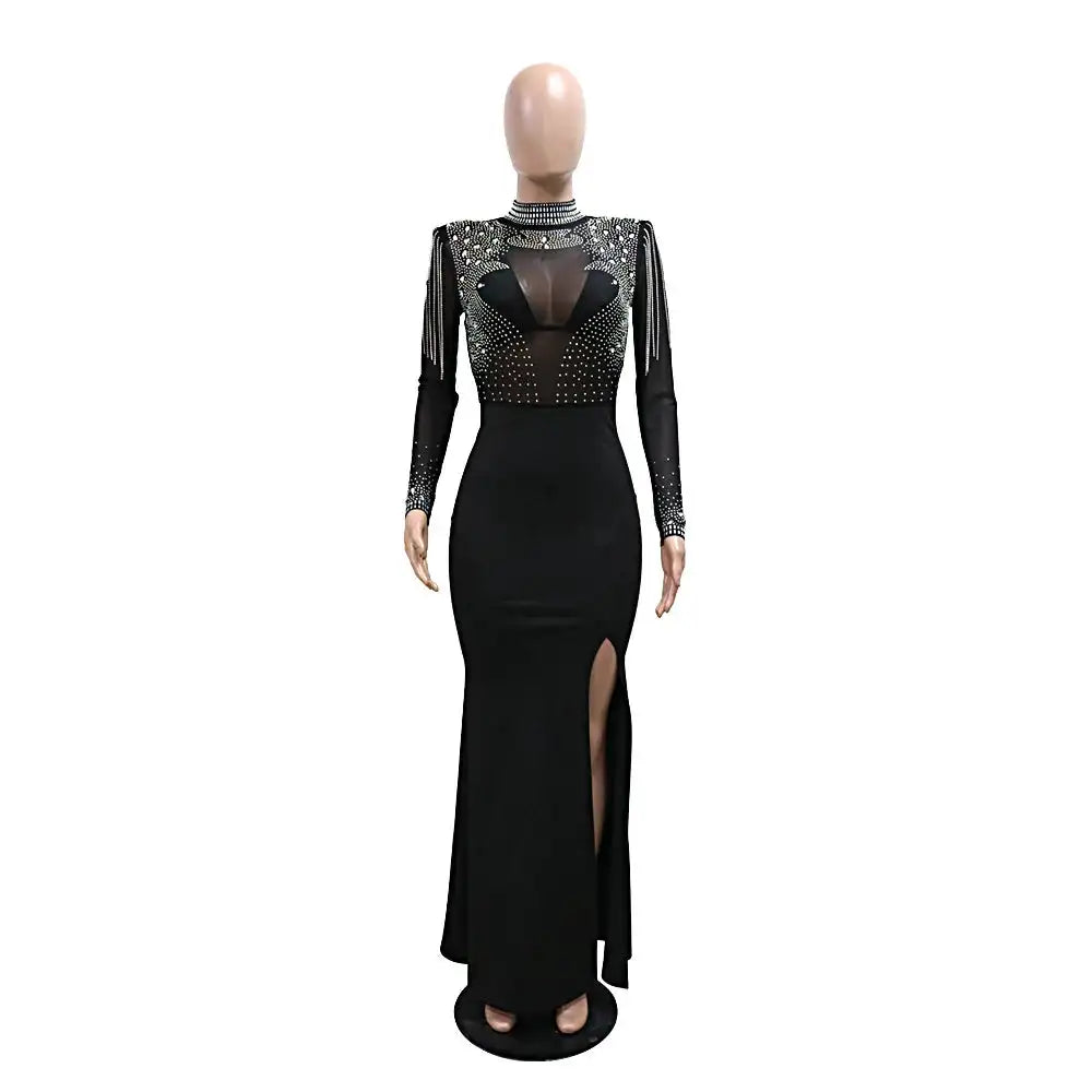CM.YAYA Vestido largo de sirena con diamantes de imitación y manga larga transparente para mujer, de malla transparente, sexy, para fiesta de noche o otoño