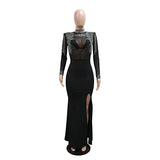 CM.YAYA Vestido largo de sirena con diamantes de imitación y manga larga transparente para mujer, de malla transparente, sexy, para fiesta de noche o otoño