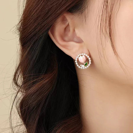 Kiss Jewelry Cute Sweet Flower Round Shape Pearl Rhinestone Stud Earrings for Women Tulip Floral Korean Fashion Earring Gift - Lootquake