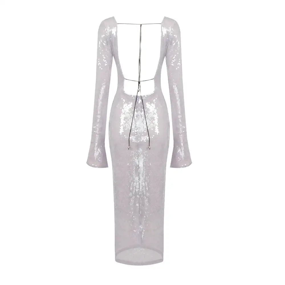 BEVENCCEL Sexy Luxury Sequins Deep V Long Sleeve Backless Sequins Long Dress Elegant  Bodycon Maxi Evening Party Clubwear Dress - Lootquake