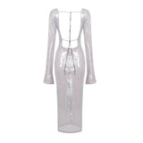 BEVENCCEL Sexy Luxury Sequins Deep V Long Sleeve Backless Sequins Long Dress Elegant  Bodycon Maxi Evening Party Clubwear Dress - Lootquake
