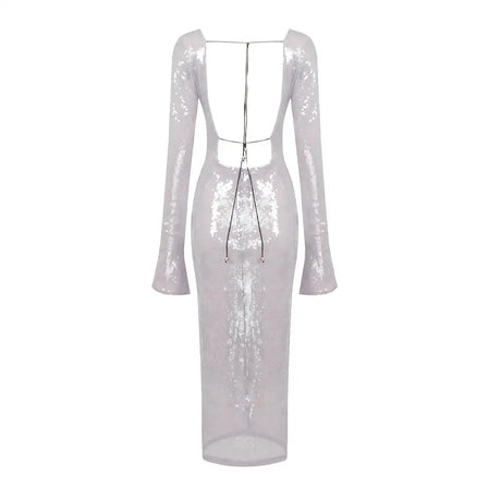 BEVENCCEL Sexy Luxury Sequins Deep V Long Sleeve Backless Sequins Long Dress Elegant  Bodycon Maxi Evening Party Clubwear Dress - Lootquake