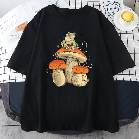 Cottagecore Aesthetic Mushroom Dark Academia Frog Funny T Shirt Men Casual Oversize Cotton Short Sleeve Street Hip Hop T-Shirts - Lootquake