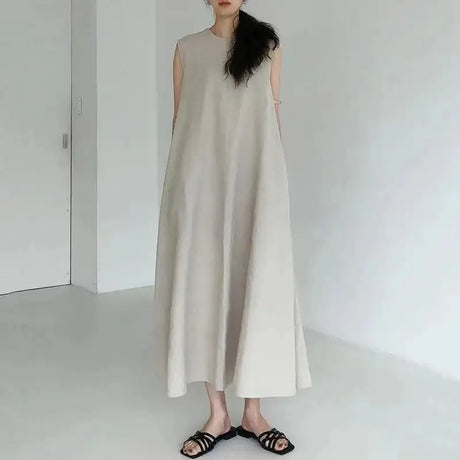 2022 Minimalist Chic Loose Swing Sleeveless Mid-length Casual Cotton Linen Long Dress  Round Neck High Waist Women Runway Dress - Lootquake