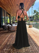 2024 Fashion New Women's Sexy Vacation Dress Solid Long Dress Cut Out Exposed Waist High Slit Suspender Long Skirt - Lootquake