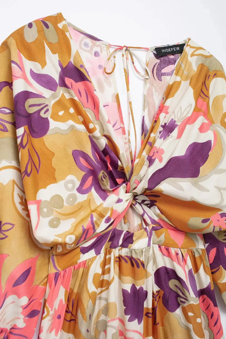 TRAFZA Vintage Flower Print Long Dress Women V Neck Short Sleeve Hollow Out Sexy Beach Dress Fashion 2024 Summer Holiday Dress - Lootquake