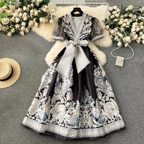 Summer Bohemian Paisley Print Long Dress Women V-Neck Short Puff Sleeve Vintage Print Bandage Lace Up Robe Vestidos Clothes 6237 - Lootquake