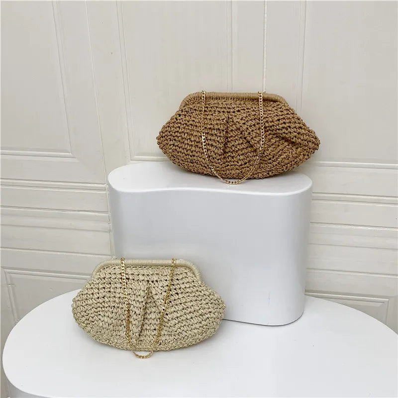 Bohemian Straw Dumpling Clutch Bag | Woven Straw Tote Purse for Women (Summer Beach Bag, Wicker Clutch)