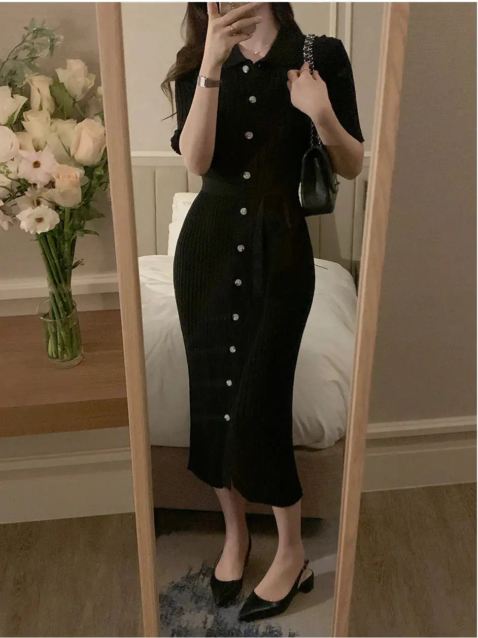 Elegant Summer Sweet Sle Turn-down Collar Single-button Thin Ice Silk Short-sleeve Knitted Long Dress Women's Fashion - Lootquake