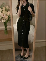 Elegant Summer Sweet Sle Turn-down Collar Single-button Thin Ice Silk Short-sleeve Knitted Long Dress Women's Fashion - Lootquake