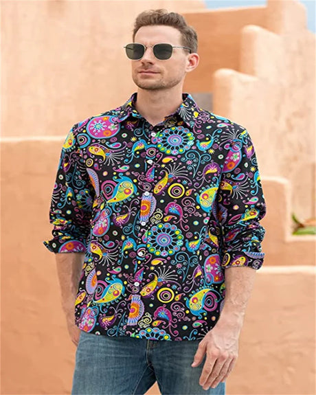 Fashionable Men's 70s Disco Shirts Casual Shirts Floral Vintage Long Sleeve Shirts Button Lapel Cardigan Mens Oversized Shirts - Lootquake