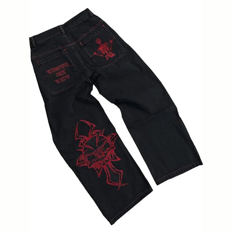Women's Skeleton Embroidery Jeans, Men's Casual Street Style Loose Fit Jeans,Hip Hop Y2K New Straight Cargo Pants Streetwear - Lootquake