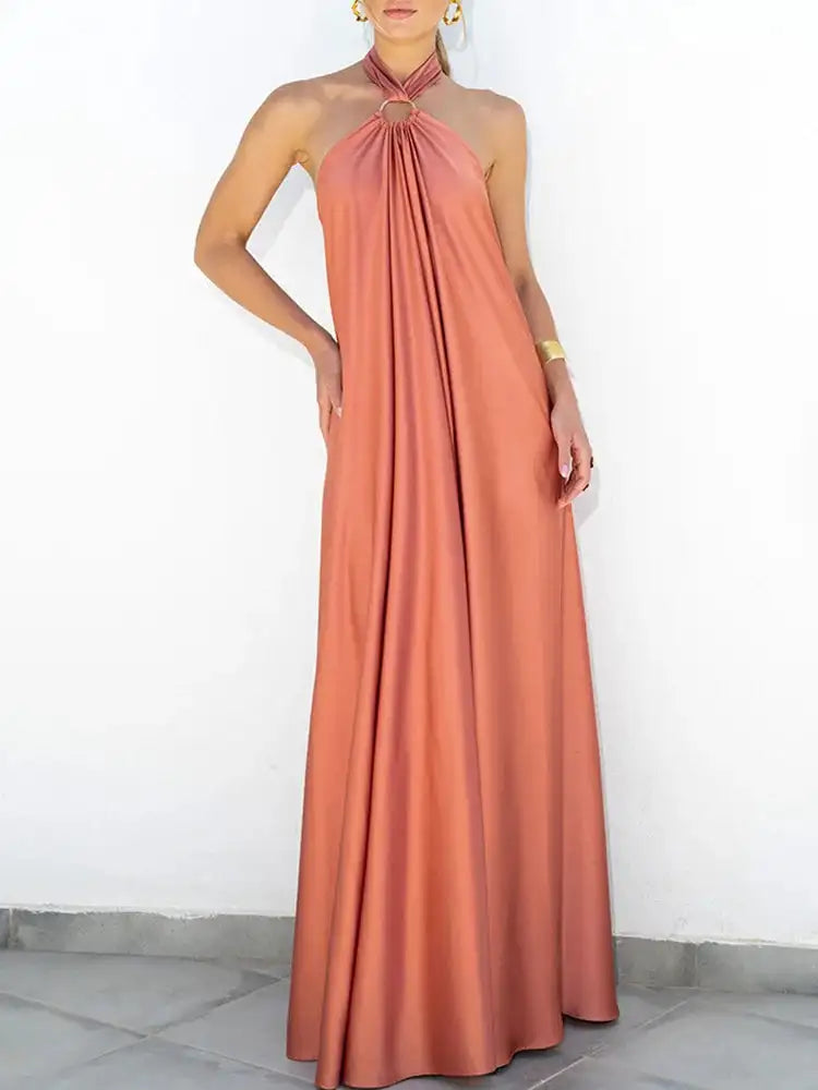 Elegant Women Solid Maxi Beach Dress Sexy Halter Neck Backless Lady Party Dress 2025 Summer Sleeveless Loose Long Dress Vestidos - Lootquake
