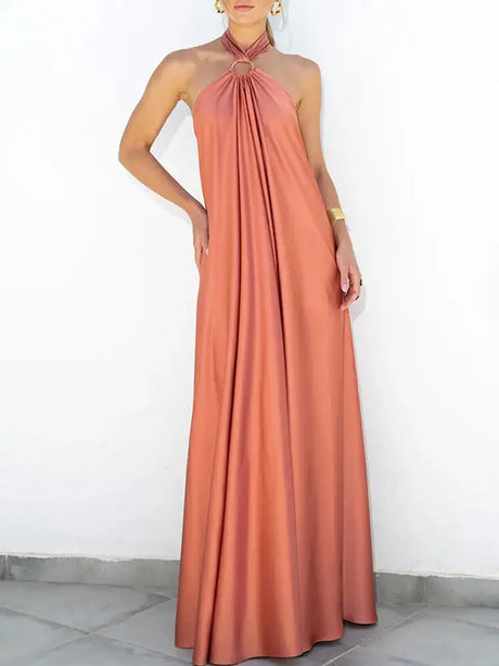 Elegant Women Solid Maxi Beach Dress Sexy Halter Neck Backless Lady Party Dress 2025 Summer Sleeveless Loose Long Dress Vestidos - Lootquake