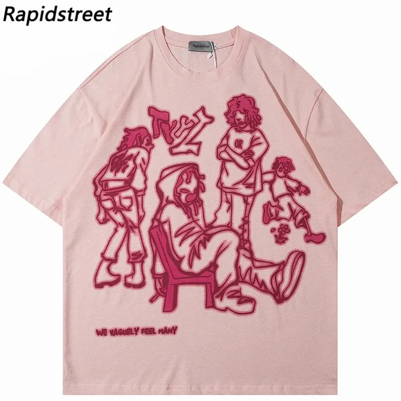 2024 Harajuku Cartoon Girl Cat Japanese Kanji Graphic T Shirt Streetwear Oversized Men T-Shirt Hip Hop Women Short Sleeve Tops - Lootquake