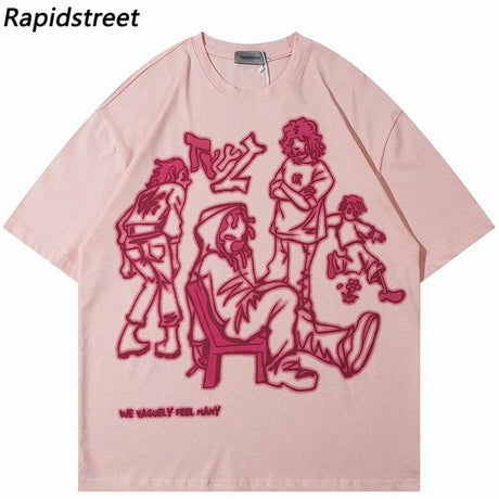2024 Harajuku Cartoon Girl Cat Japanese Kanji Graphic T Shirt Streetwear Oversized Men T-Shirt Hip Hop Women Short Sleeve Tops - Lootquake
