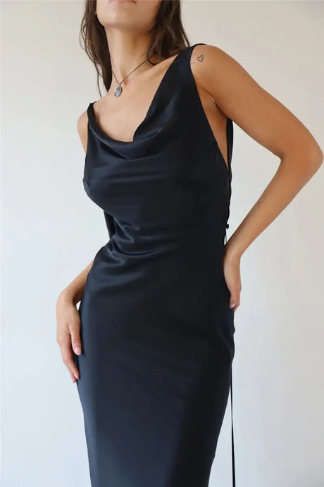 Fashion Women Satin Vintage Long Bodycon Dress Elegant Backless Spaghetti Strap Long Dress Y2K Sexy Low Cut Club Party Dress - Lootquake