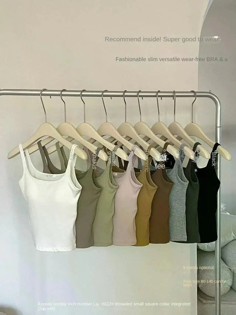 Solid All-Match Invisible Integrated Chest Pad Cami 2024 Spring New Korean Women clothes Short Sleeveless Top - Lootquake